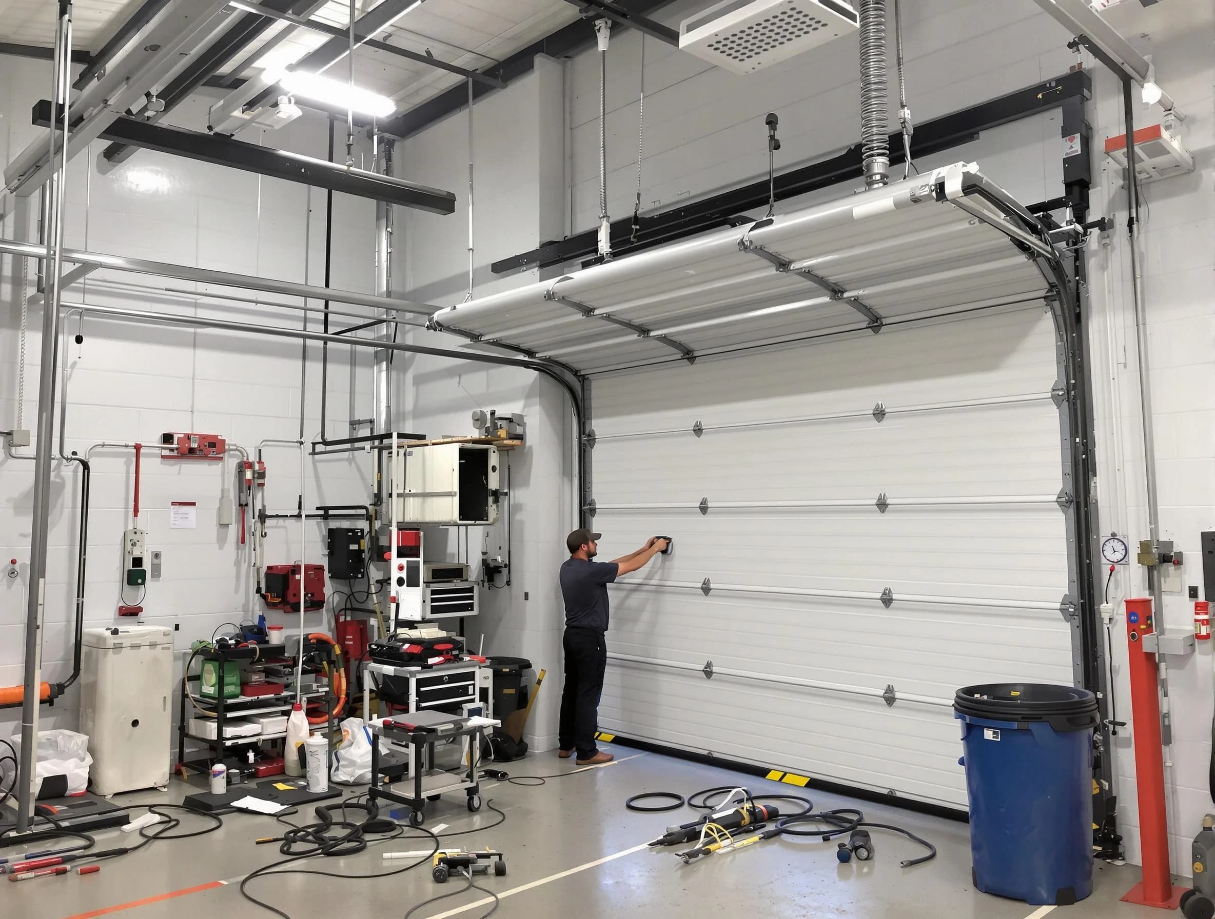 Lawrence Garage Door Repair certified technician performing commercial door repair at a Lawrence business facility
