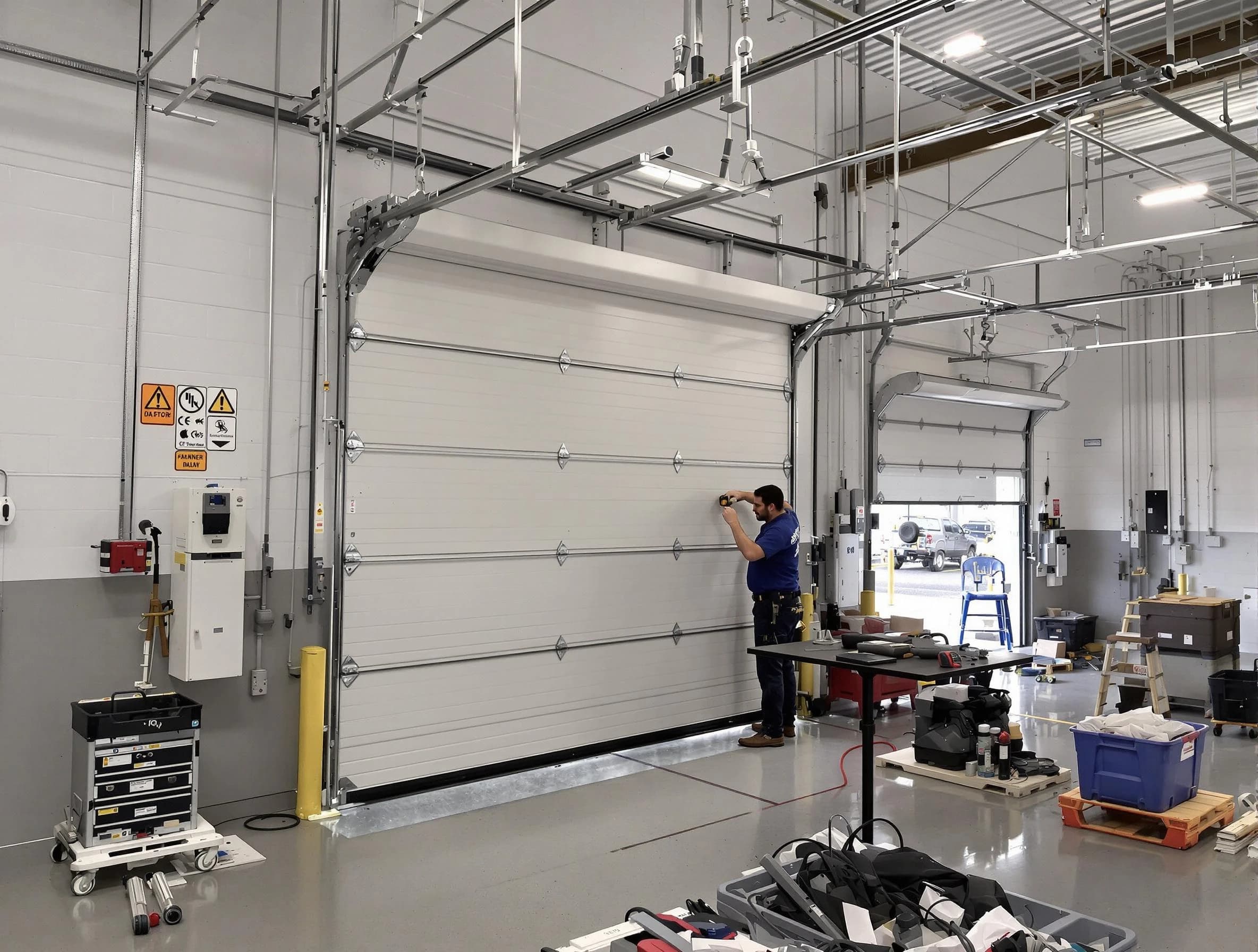 Commercial garage door repair being performed by Lawrence Garage Door Repair expert in Lawrence