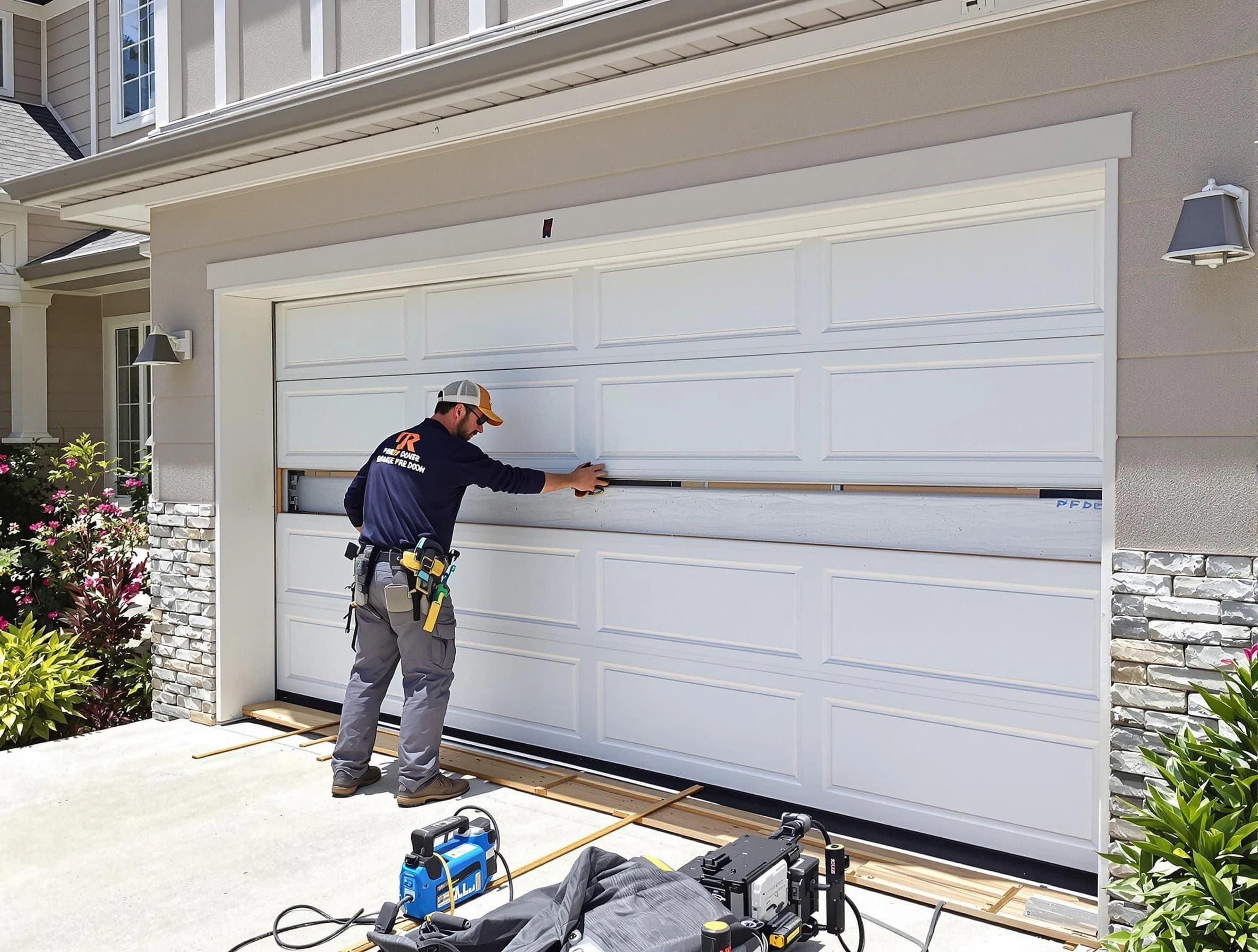Lawrence Garage Door Repair team performing complete garage door replacement at Lawrence residence