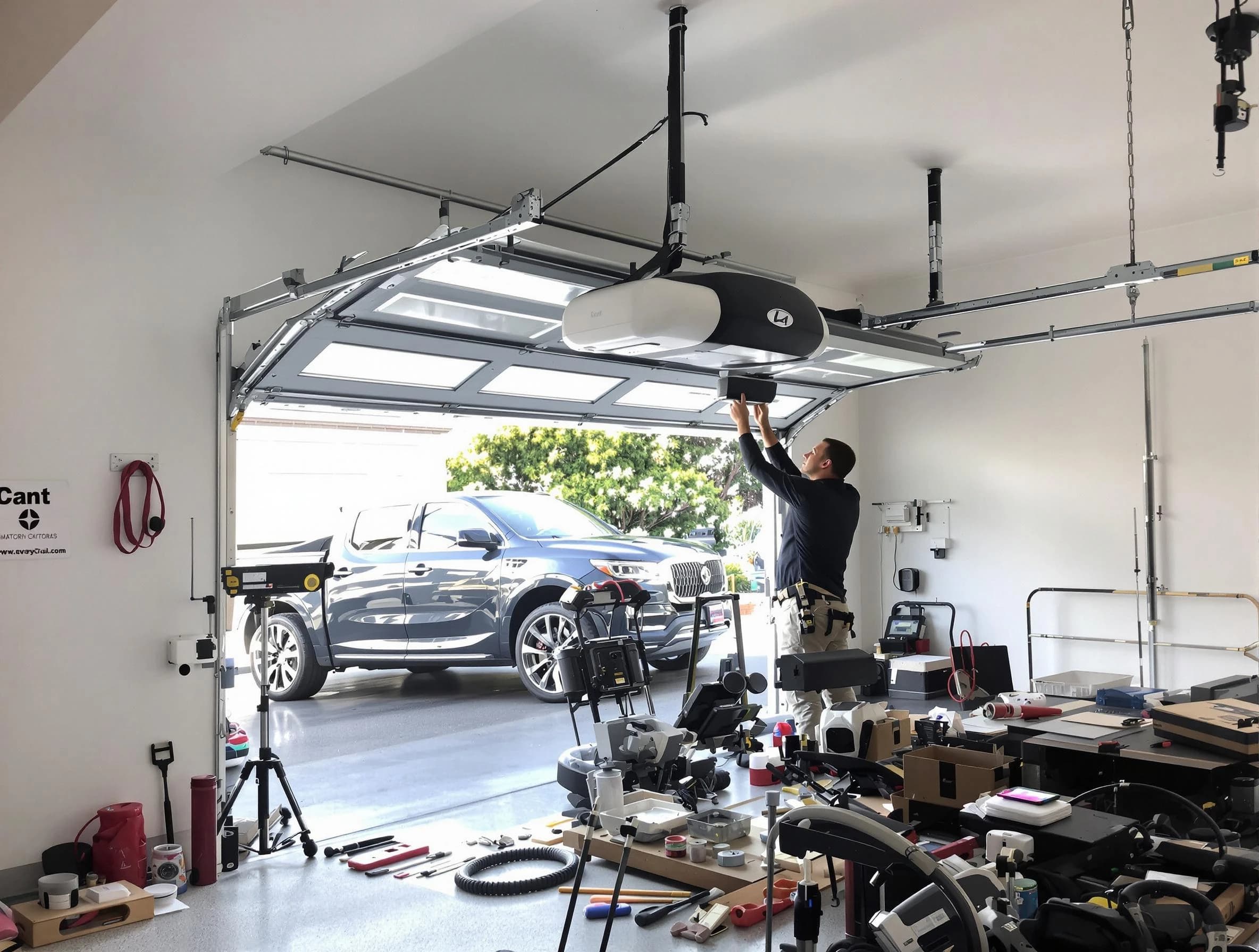 Lawrence Garage Door Repair specialist installing smart garage door opener system in Lawrence home