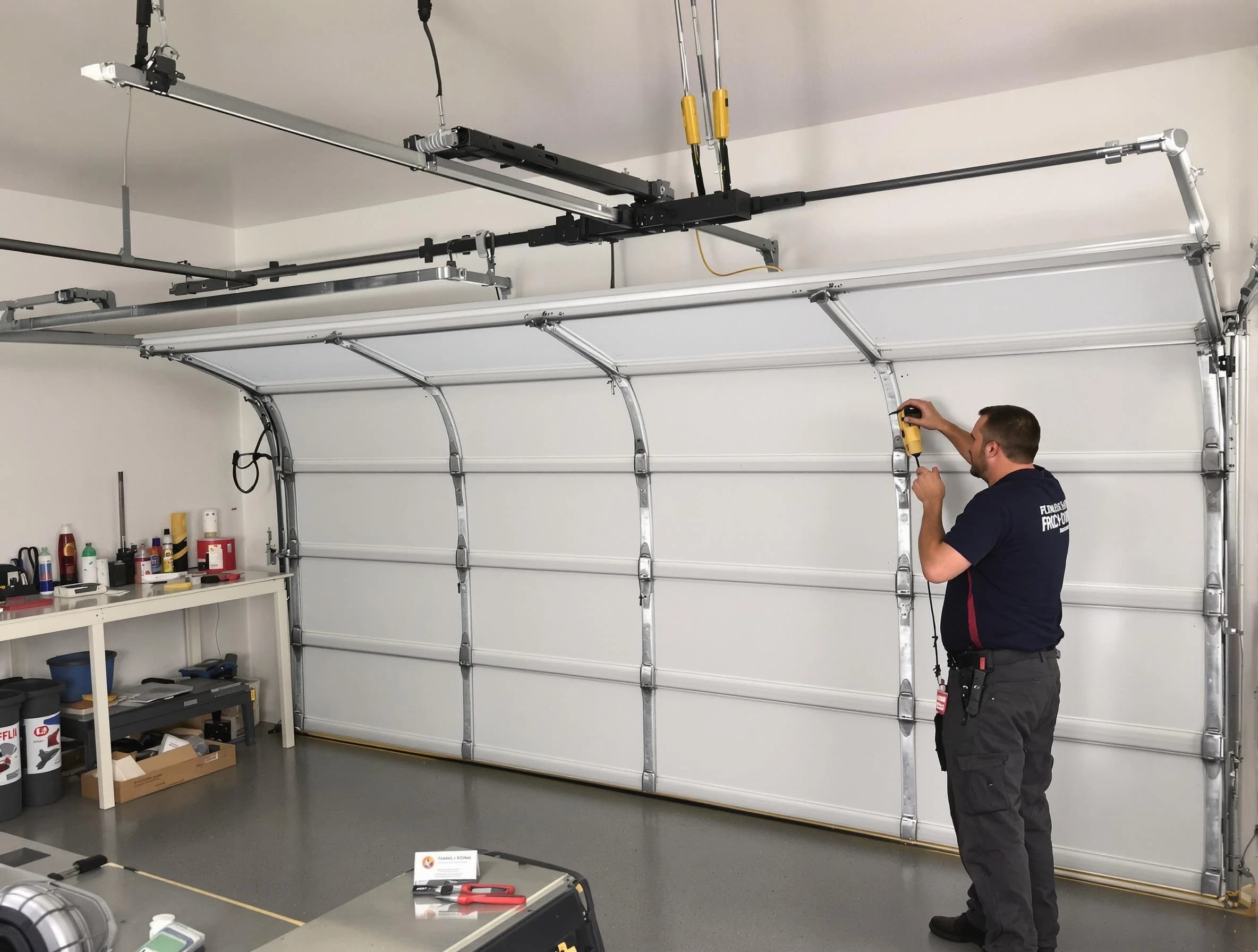Lawrence Garage Door Repair certified technician performing overhead door system repair in Lawrence