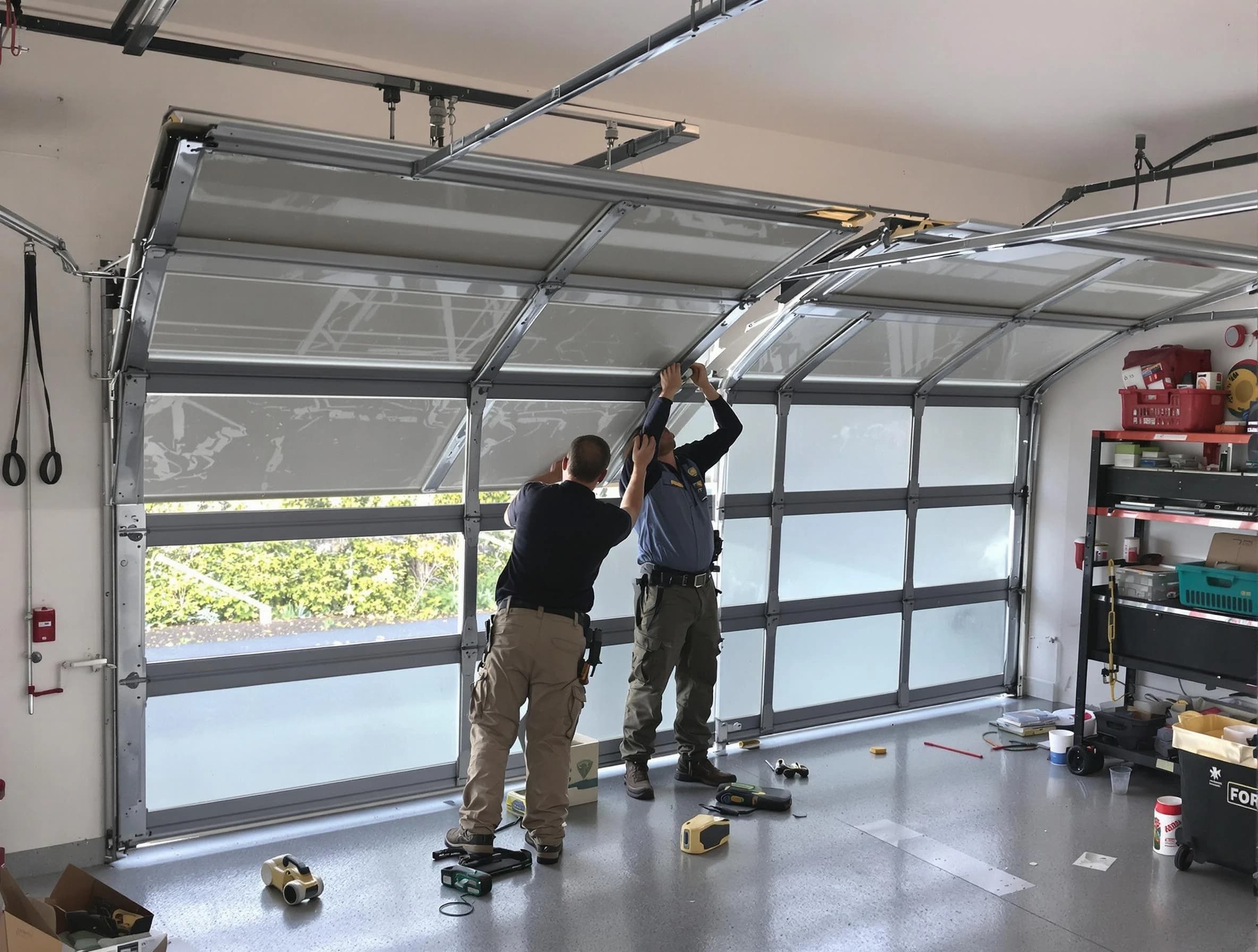 Lawrence Garage Door Repair expert performing precise panel replacement on Lawrence garage door