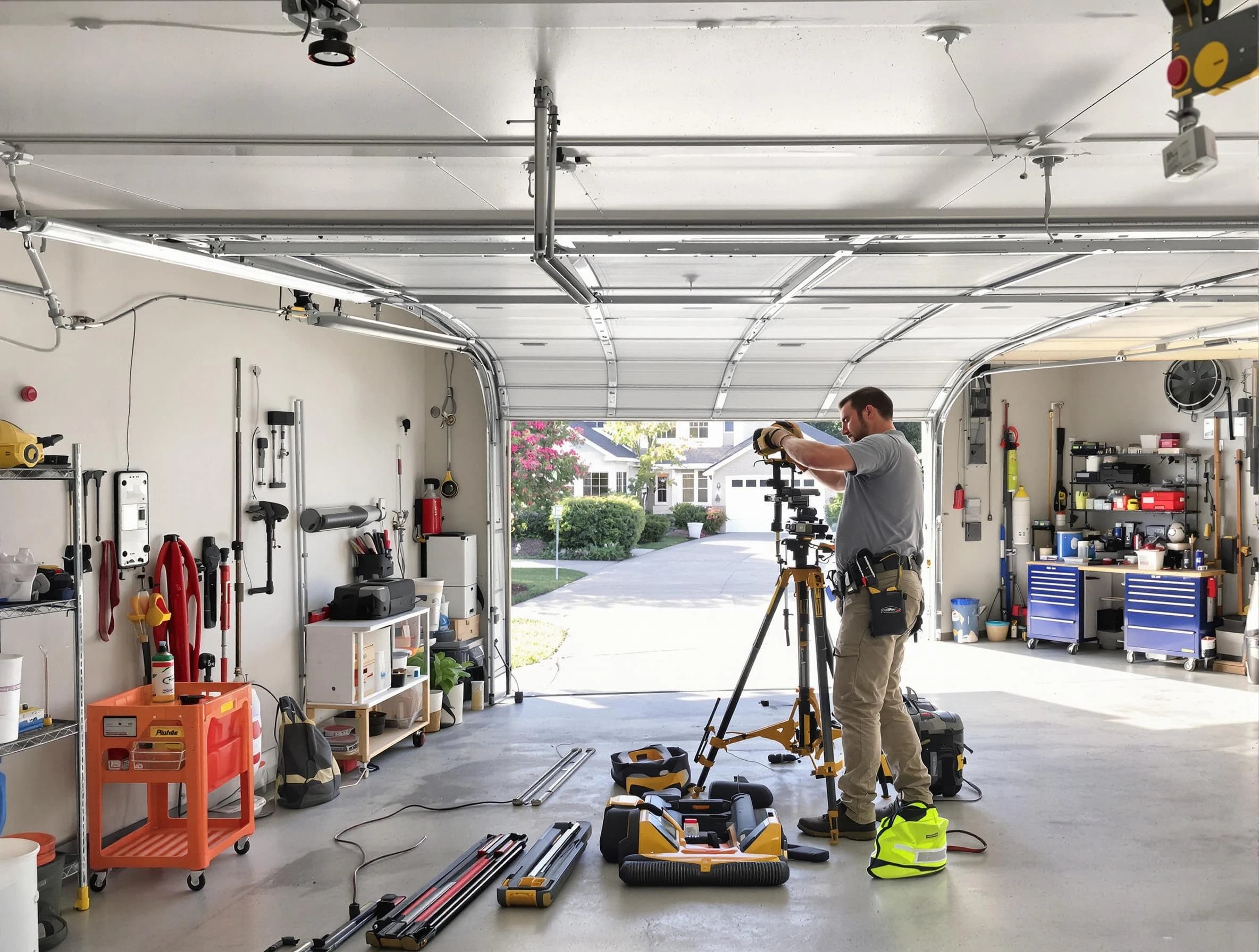 Lawrence Garage Door Repair specialist performing laser-guided track alignment in Lawrence