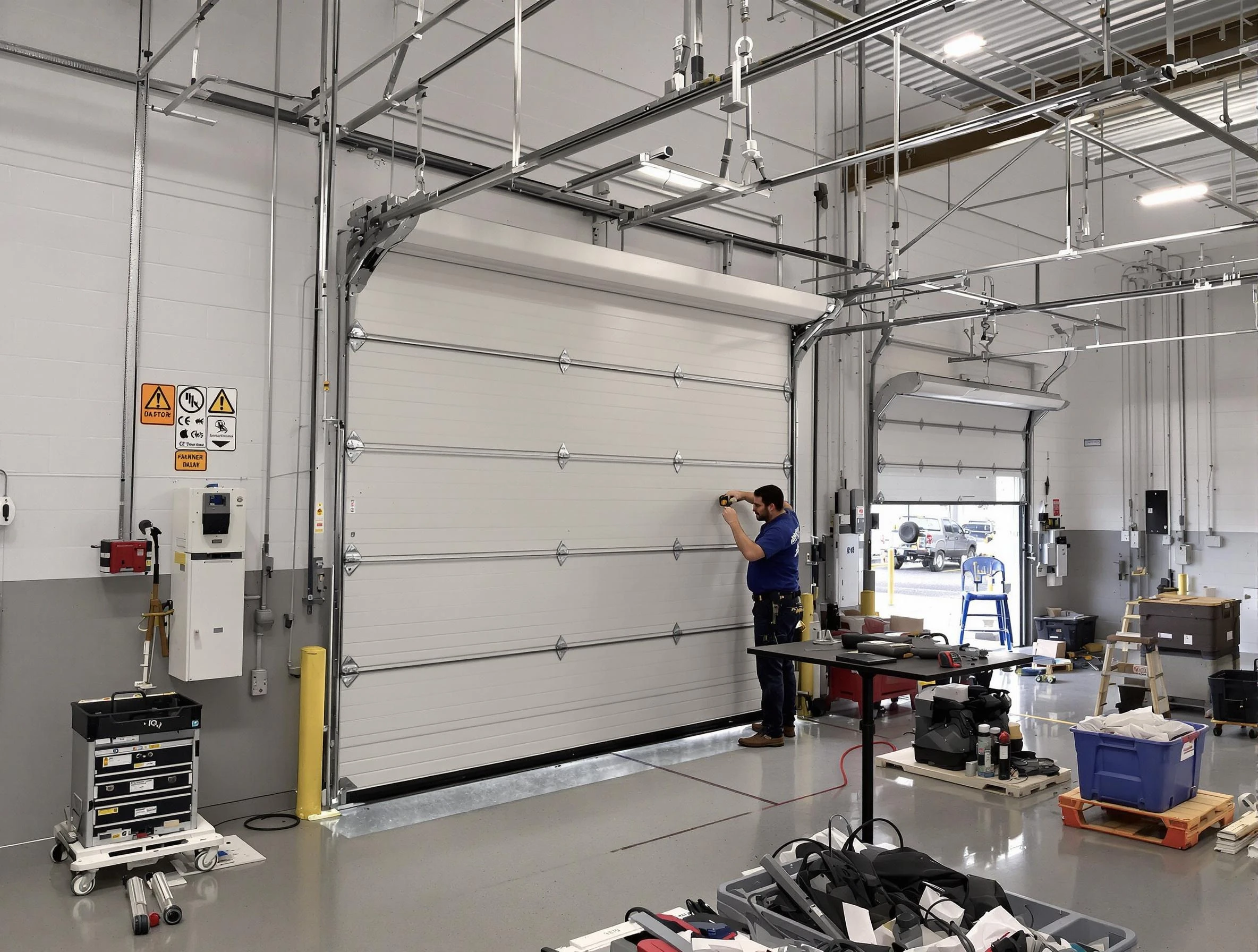 Commercial garage door repair being performed by Lawrence Garage Door Repair expert in Lawrence