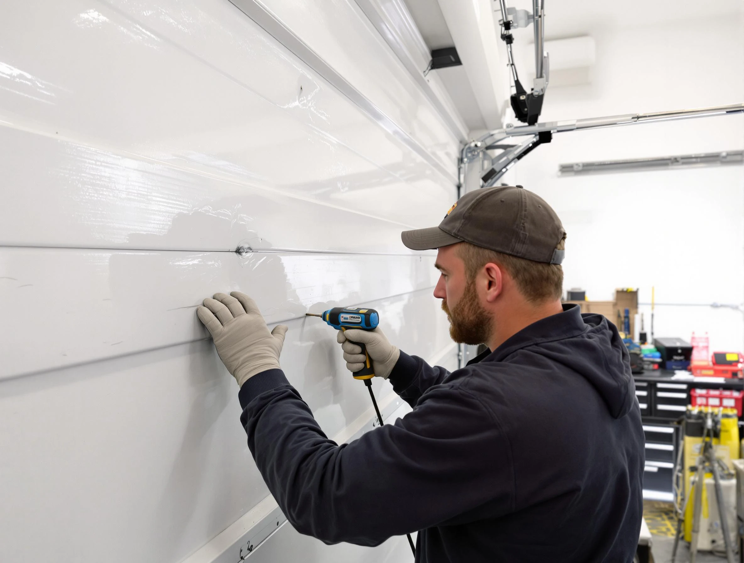 Lawrence Garage Door Repair technician demonstrating precision dent removal techniques on a Lawrence garage door