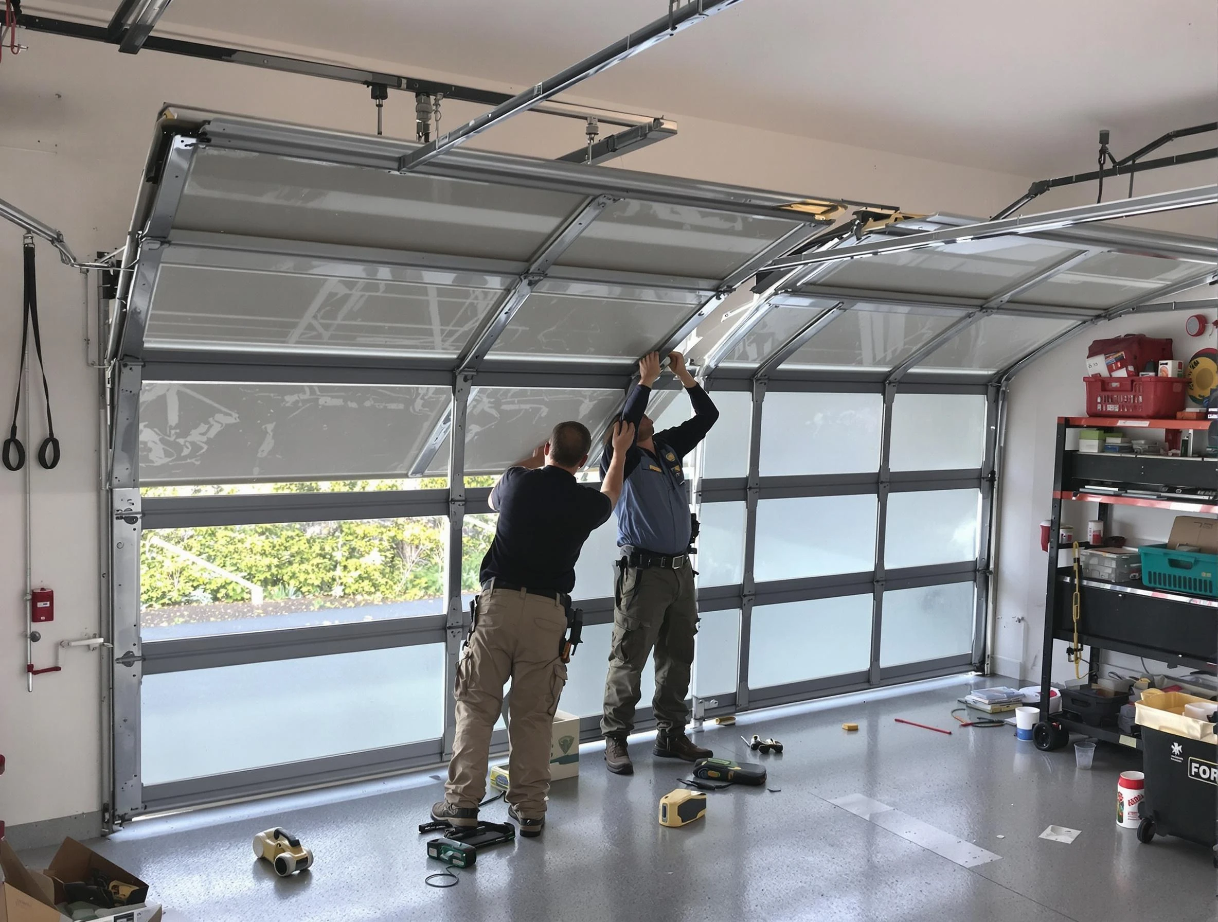 Lawrence Garage Door Repair expert performing precise panel replacement on Lawrence garage door