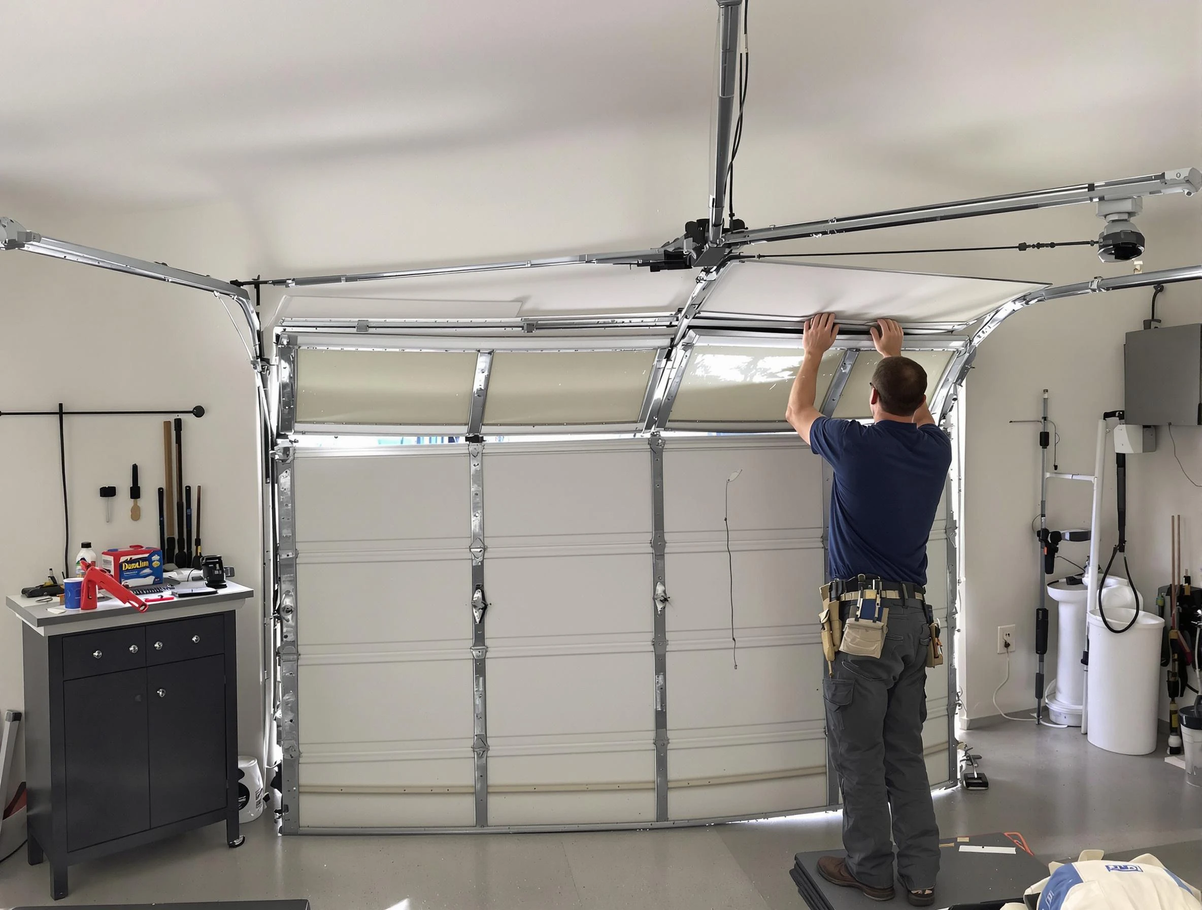 Lawrence Garage Door Repair specialist performing precise section replacement on Lawrence garage door
